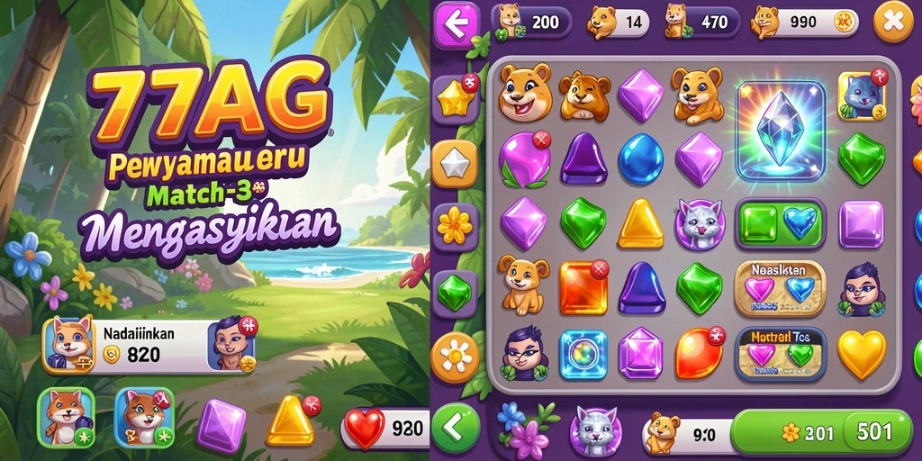 Tampilan screenshot permainan Match-3 yang penuh warna dan seru.