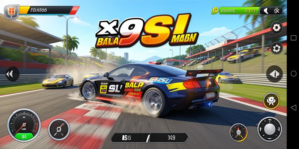 Screenshot gameplay 9SL menampilkan aksi balapan yang mendebarkan.