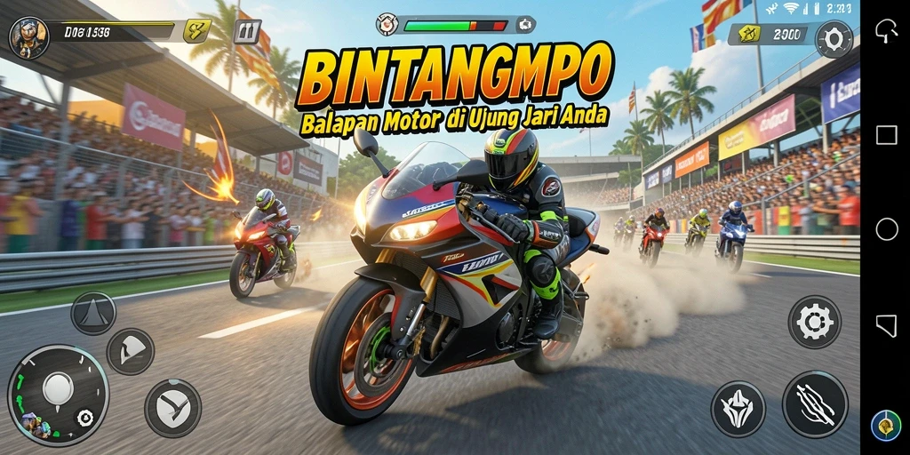 Gameplay mendebarkan BINTANGMPO dengan balapan motor cepat.