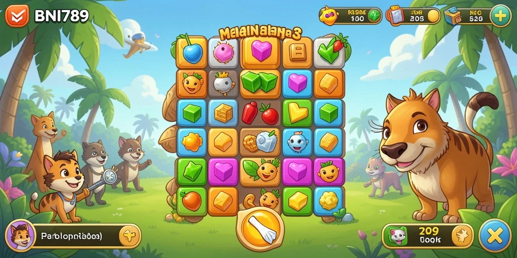 Screenshot menunjukkan gameplay Match-3 yang penuh warna dan tantangan.