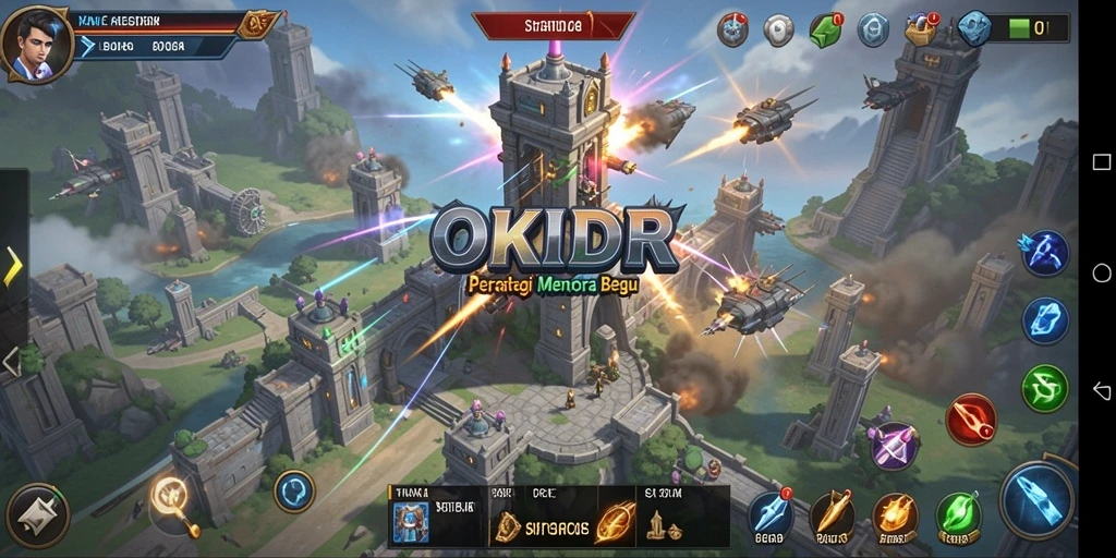 Tangkapan layar gameplay OKIDR yang menunjukkan pertarungan menara yang intens.
