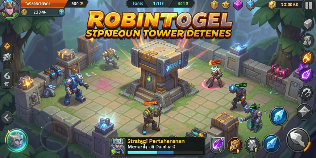 Screenshot gameplay ROBINTOGEL menunjukkan menara yang siap menghadapi gelombang musuh.